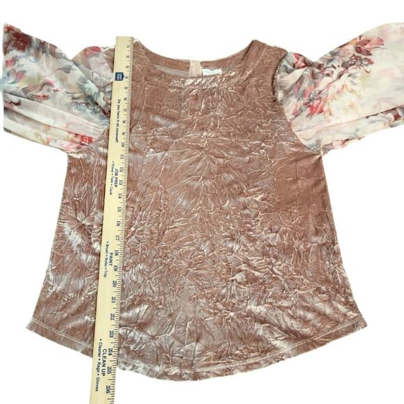 Anthropologie Meadow Rue Crushed Velvet Blouse Small Floral Balloon Sleeve Pink - Picture 8 of 10